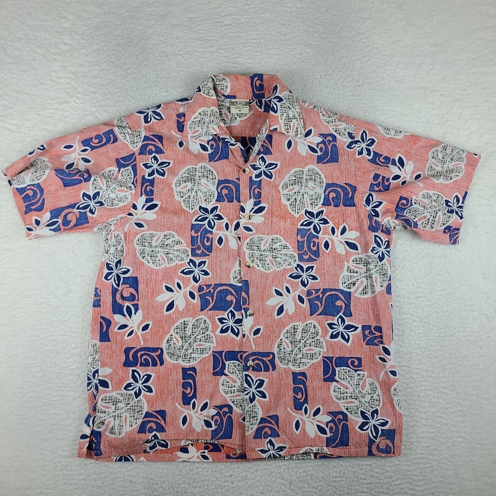 GO Barefoot Shirt Mens Medium Pink Blue Floral Hawaiian Button Up USA‎ MADE